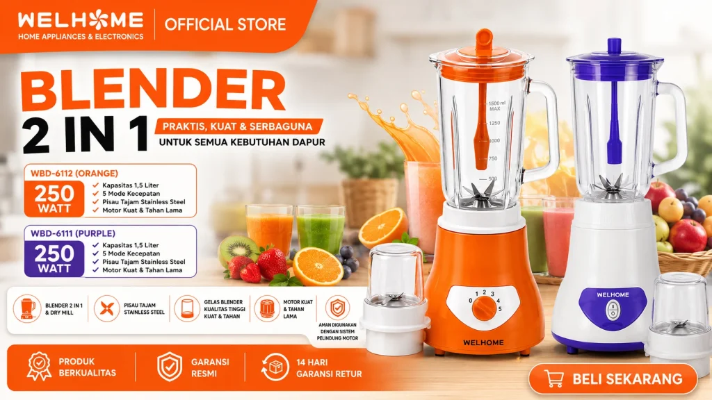 WELHOME Blender 2 in 1 WBD-6111WBD-6112, Multifungsi 250 Watt