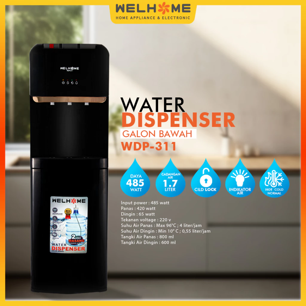 WELHOME Dispenser Galon Bawah Low Watt Dispenser Bottom Loading 3 Kran Panas Dingin Normal WDP-311