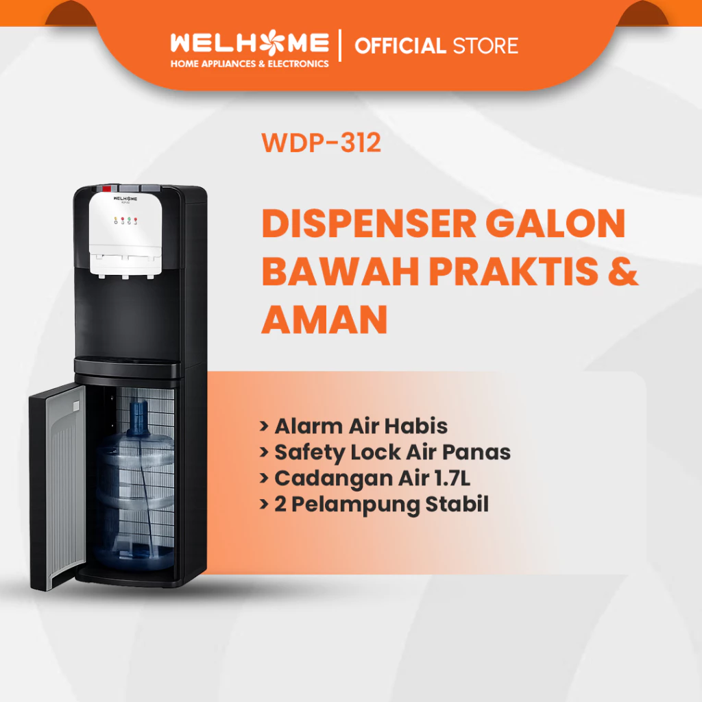 WELHOME Dispenser Galon Bawah Low Watt Dispenser Bottom Loading 3 Kran Panas Dingin Normal WDP-312