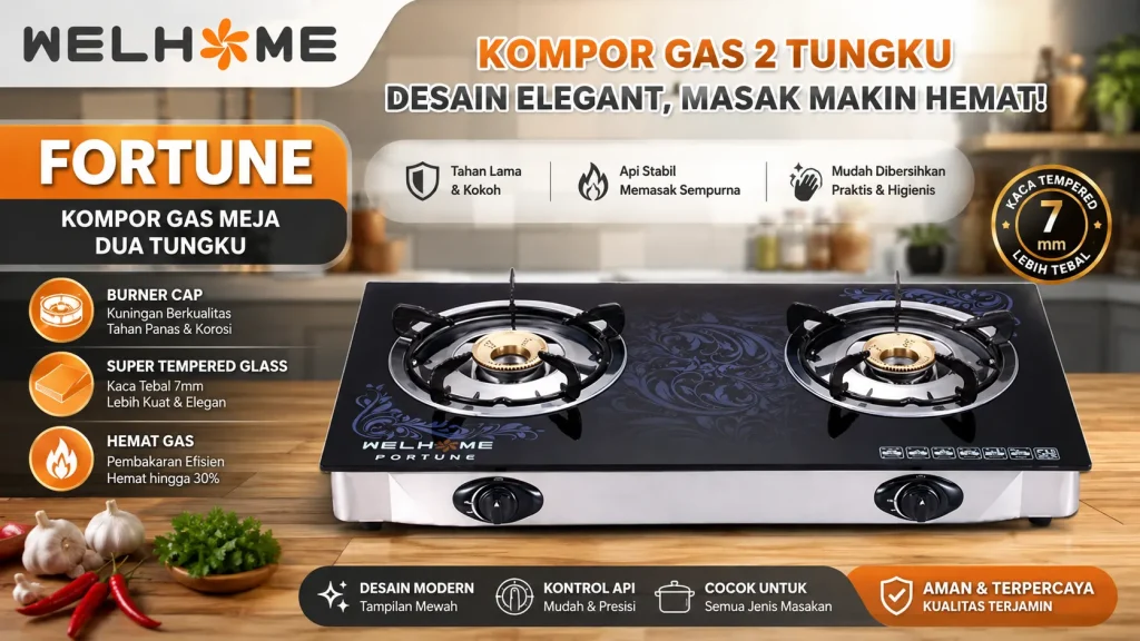 WELHOME Kompor Gas Kaca 2 Tungku Fortune, Praktis dan Hemat Gas