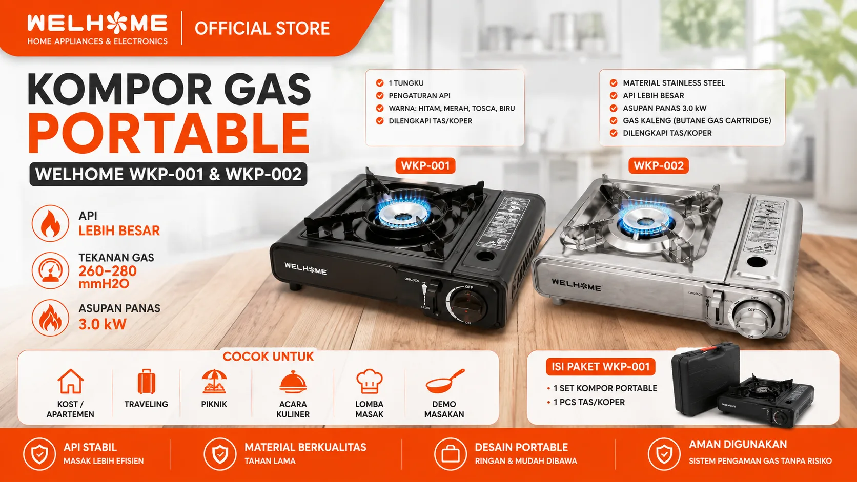 WELHOME Kompor Gas Portable Camping Picnic Portable BBQ Serbaguna 2in1 Free Cover WKP series