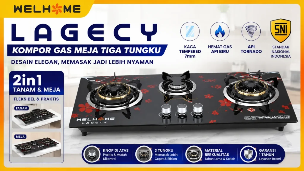 WELHOME Kompor Gas Tanam Tipe Lagecy Pilihan 2 dan 3 Tungku untuk Dapur Modern