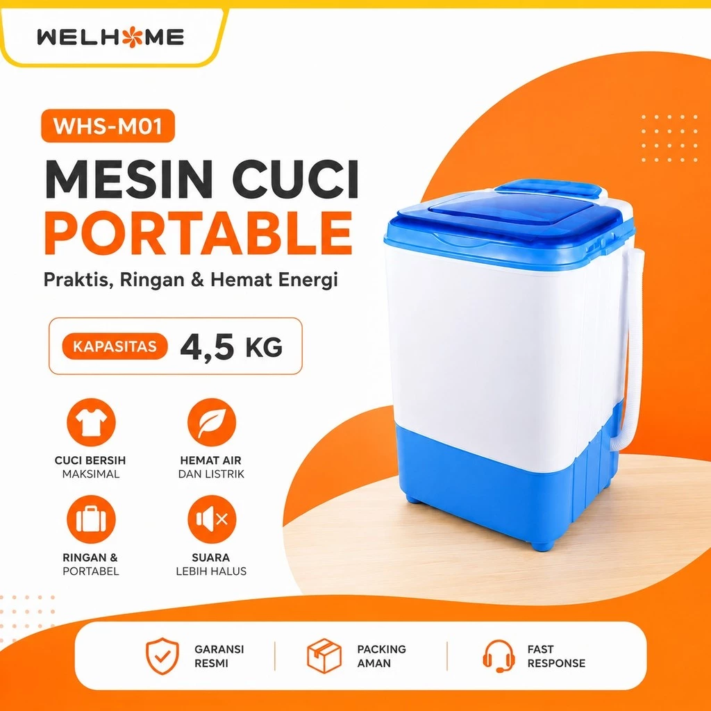 WELHOME Mesin Cuci Mini 1 Tabung Mesin Cuci Portable + Pengering Kapasitas 4,5kg Hemet Energi WHS M01