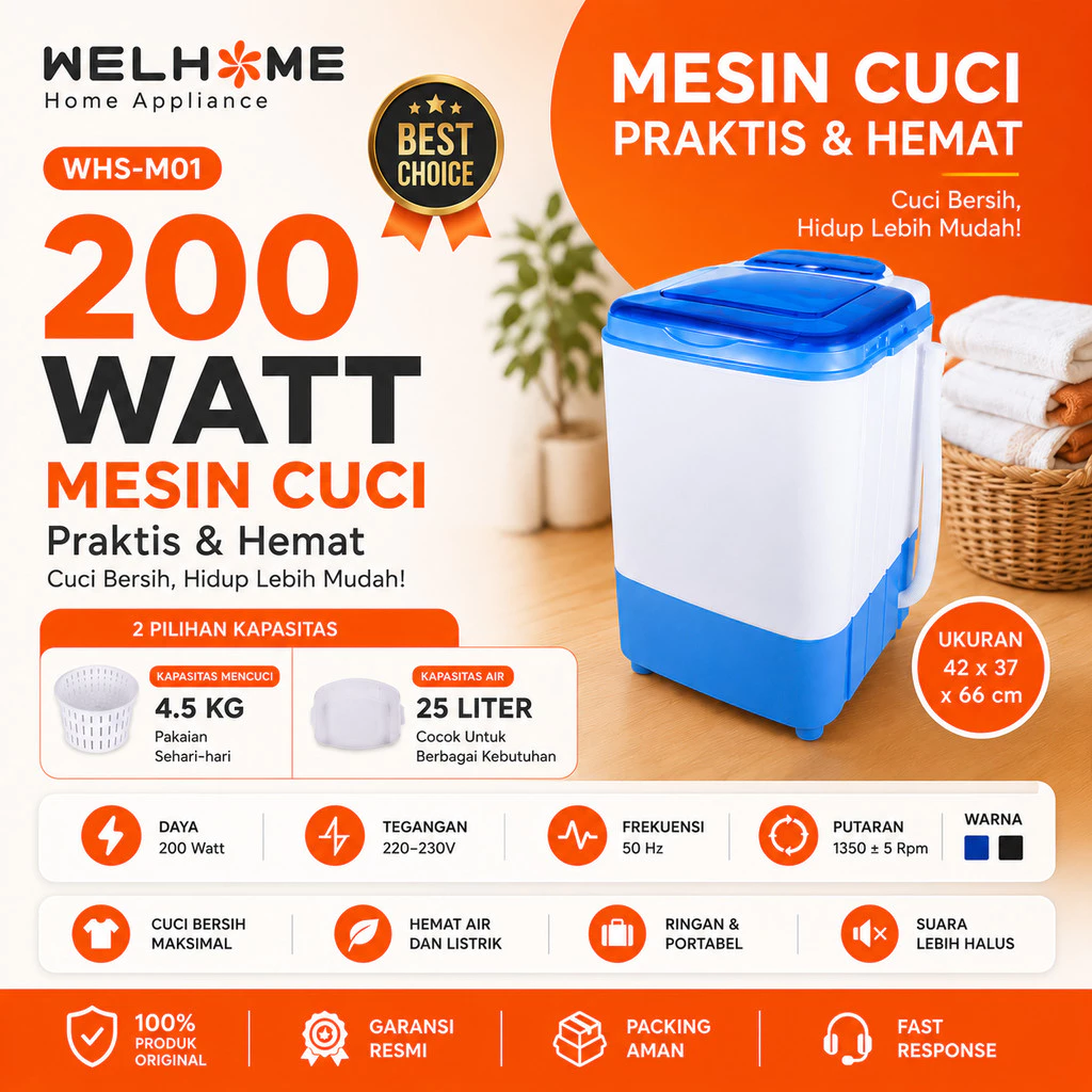 WELHOME Mesin Cuci Mini 1 Tabung Mesin Cuci Portable + Pengering Kapasitas 4,5kg Hemet Energi WHS - M01