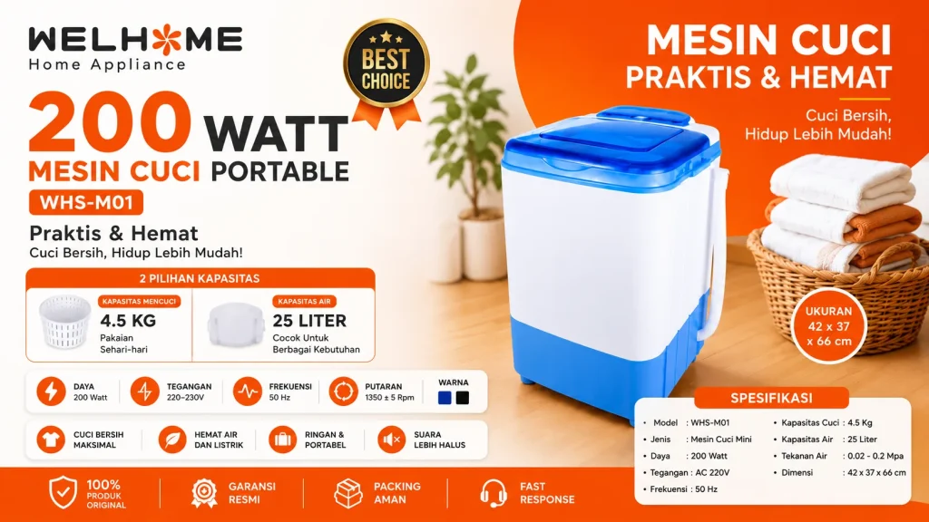 WELHOME Mesin Cuci Portable WHS-M01 4,5 Kg, Hemat Listrik